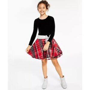 Bonnie Jean Big Girl Long Sleeve Velvet Bodice with Plaid Skirt Dress  - Size 12